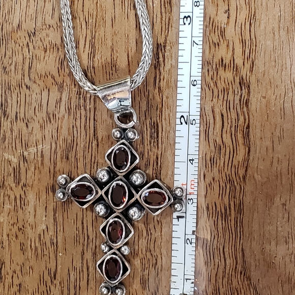 Sterling Silver Ornate Garnet Cross Necklace - Picture 5 of 16